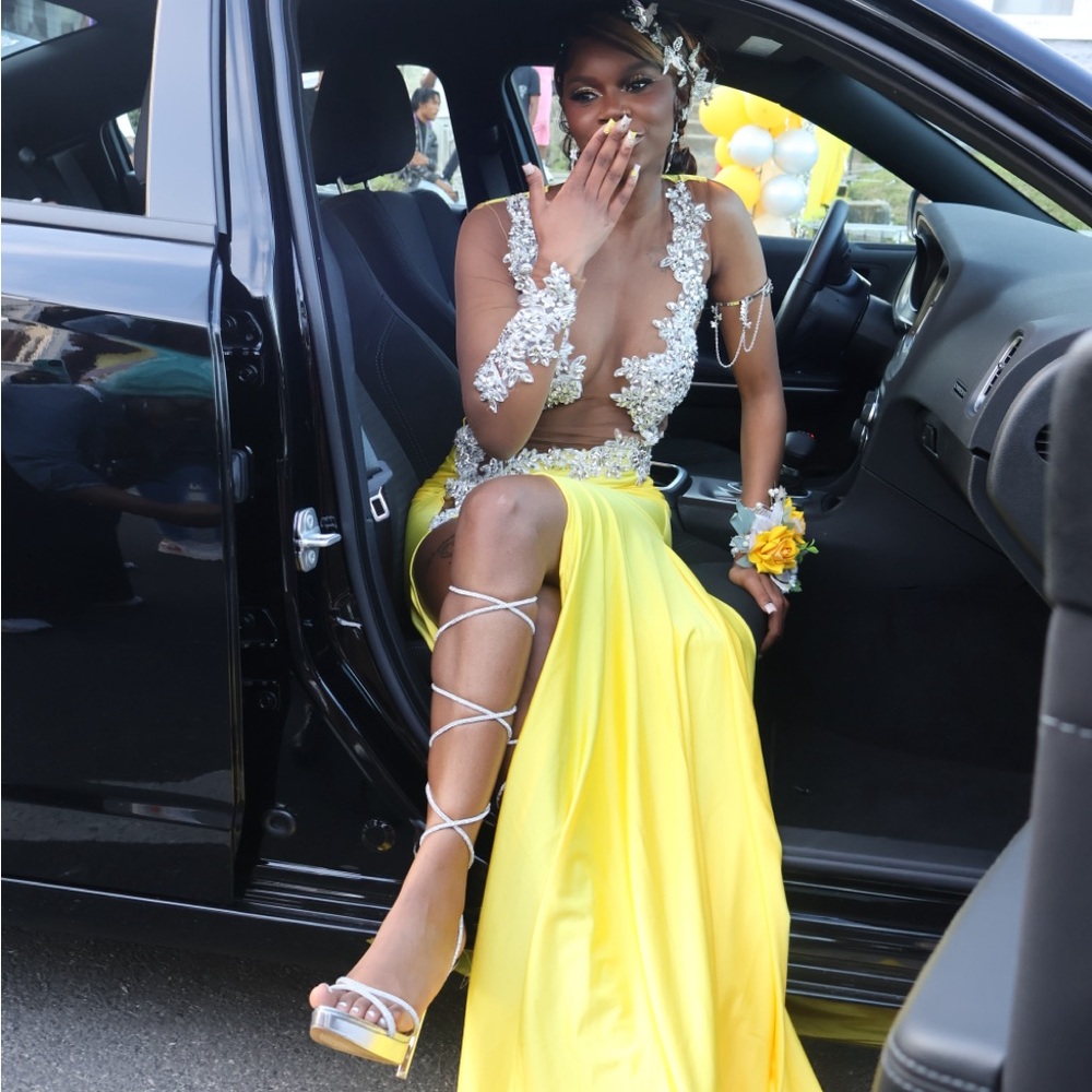 Elegant Yellow Prom Dress with Silver Accents